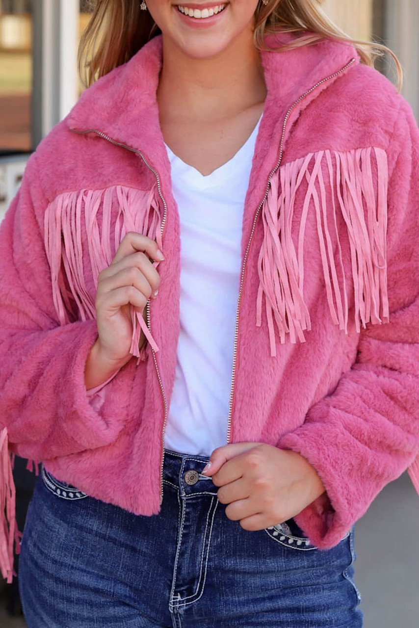 Pink Fringed Full Zipper Fleece Jacket