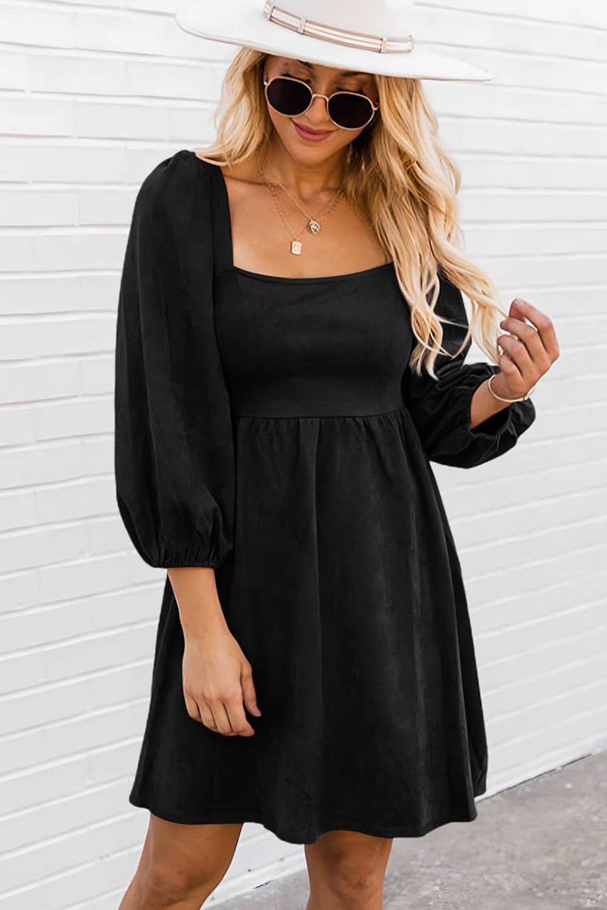 Black Suede Square Neck Puff Sleeve Dress