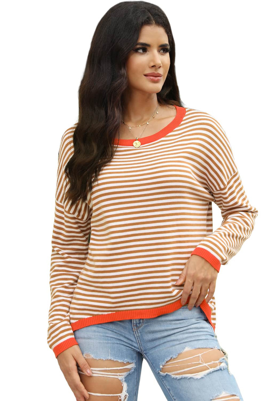 Brown Contrast Trimmed Striped Drop Shoulder Sweater