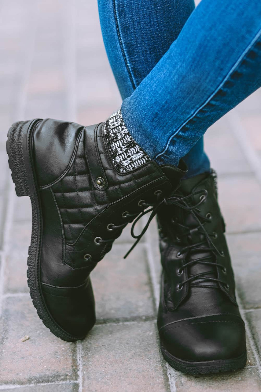 Black Quilted Zipped Lace-up PU Leather Boots