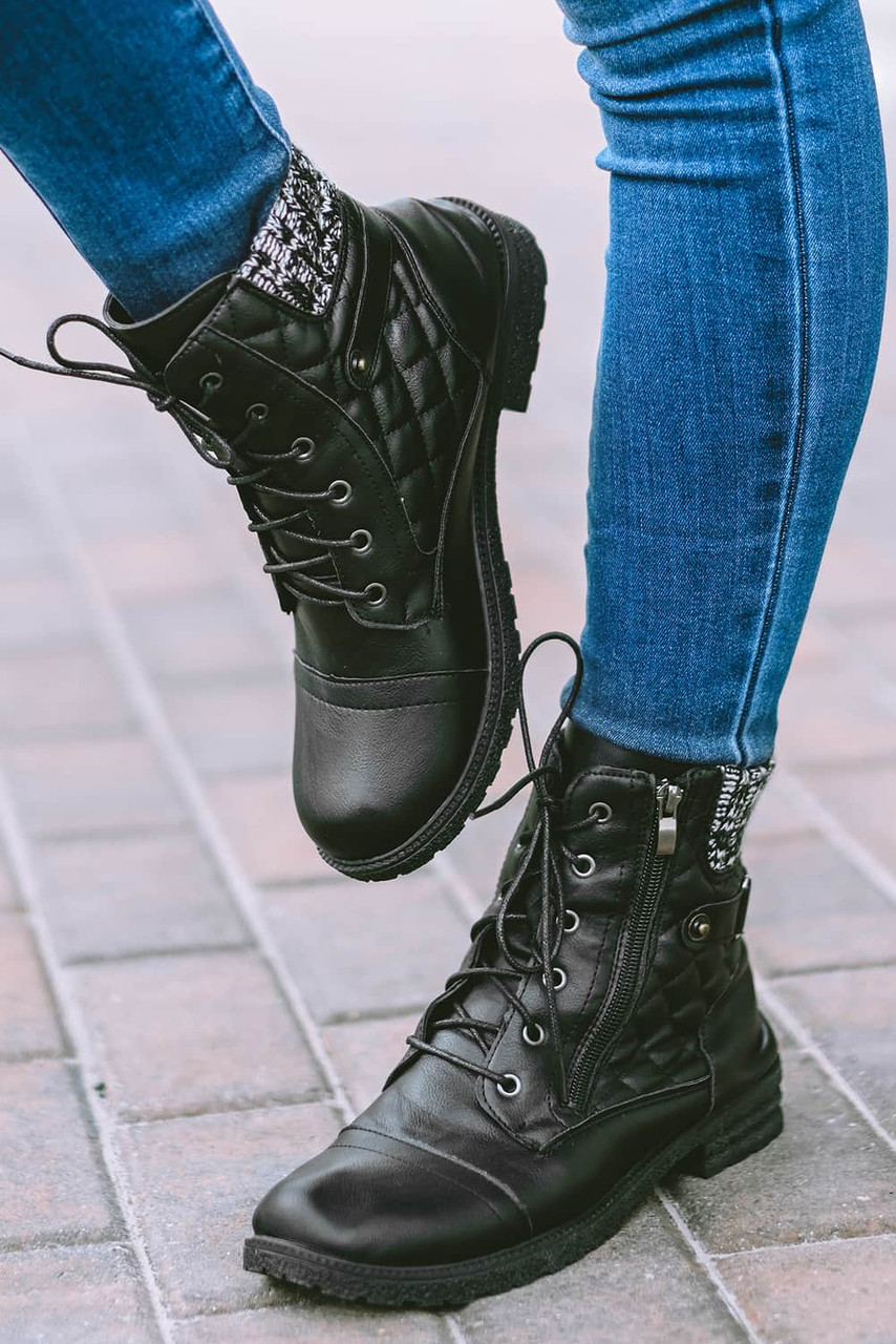 Black Quilted Zipped Lace-up PU Leather Boots