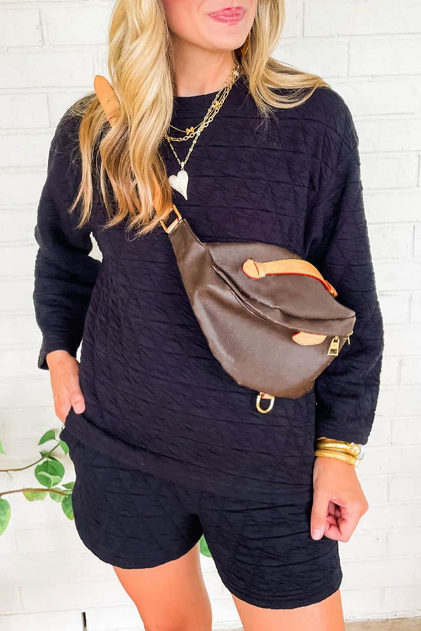 Black Textured Long Sleeve Top Shorts Outfit