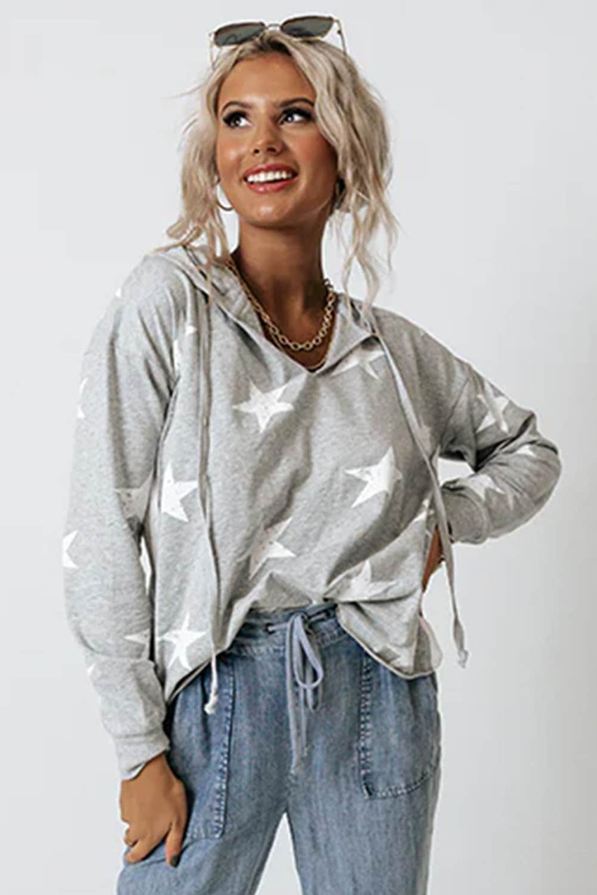 Light Grey Stars Print V-Neck Drawstring Hoodie