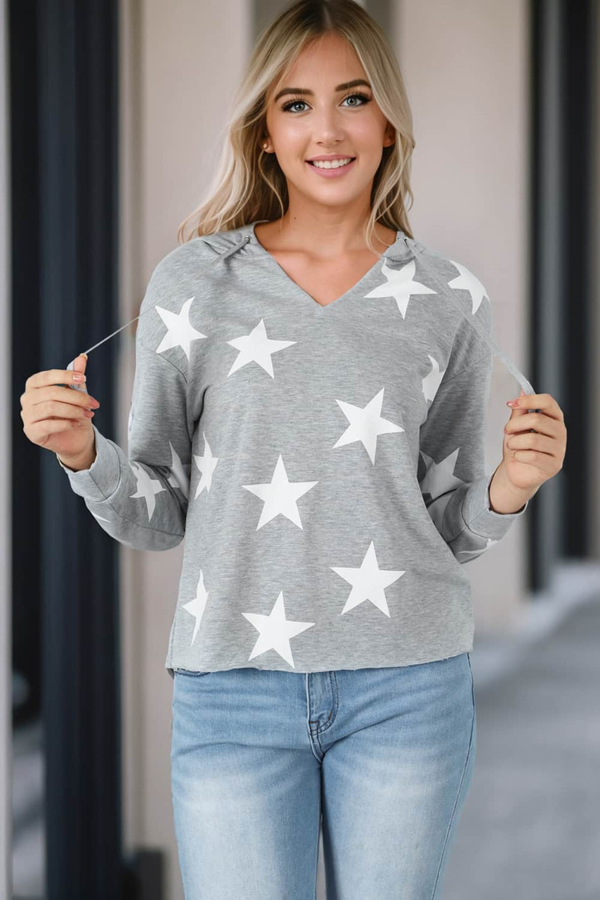 Light Grey Stars Print V-Neck Drawstring Hoodie