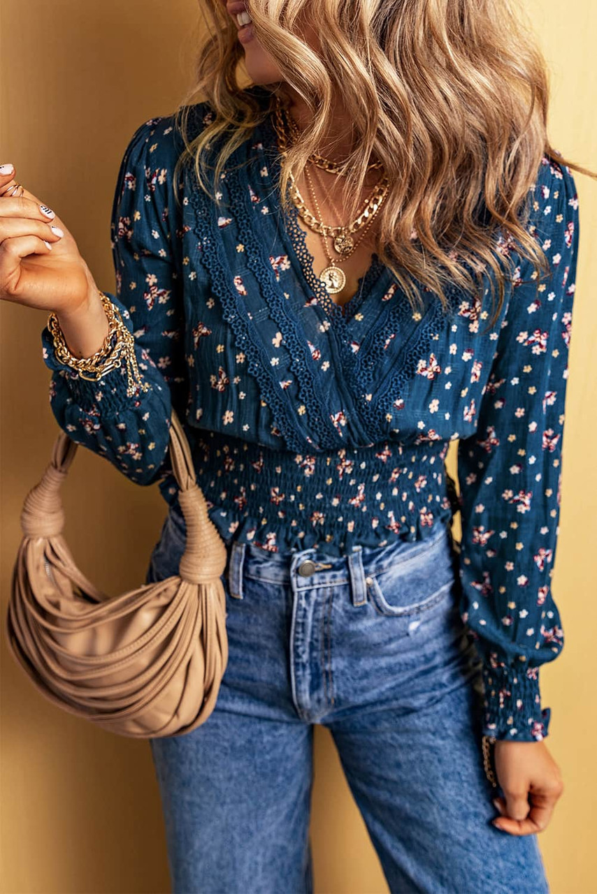 Blue Lace Trim V Neck Floral Smocked Long Sleeve Blouse