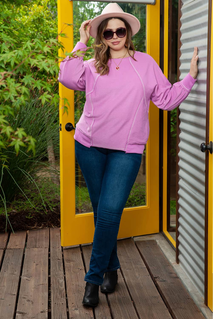 Pink Plus Size Exposed Seam Terry Long Sleeve Top