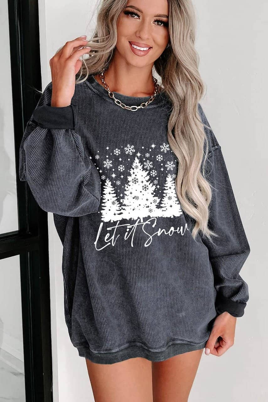 Gray Christmas Tree Flake Graphic Corded Sweatshirt Gray Christmas Tree Flake Graphic Corded Sweatshirt