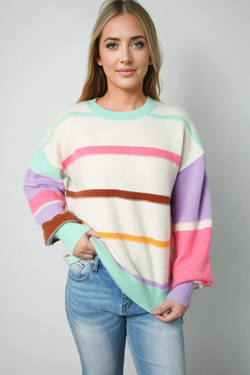 Multicolor Striped Colorblock Drop Shoulder Sweater