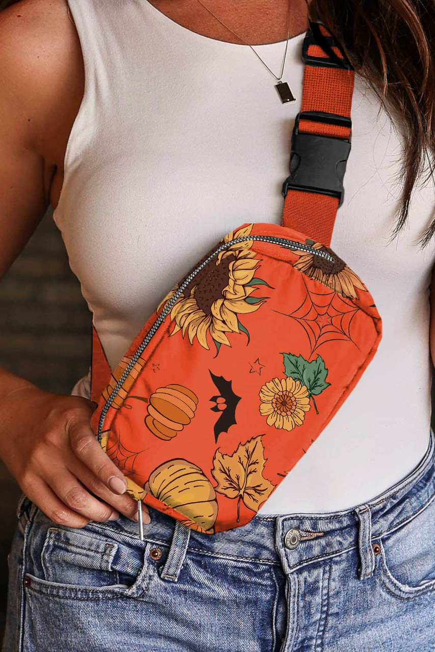 Orange Pumpkin Sunflower Halloween Graphic Crossbody Bag