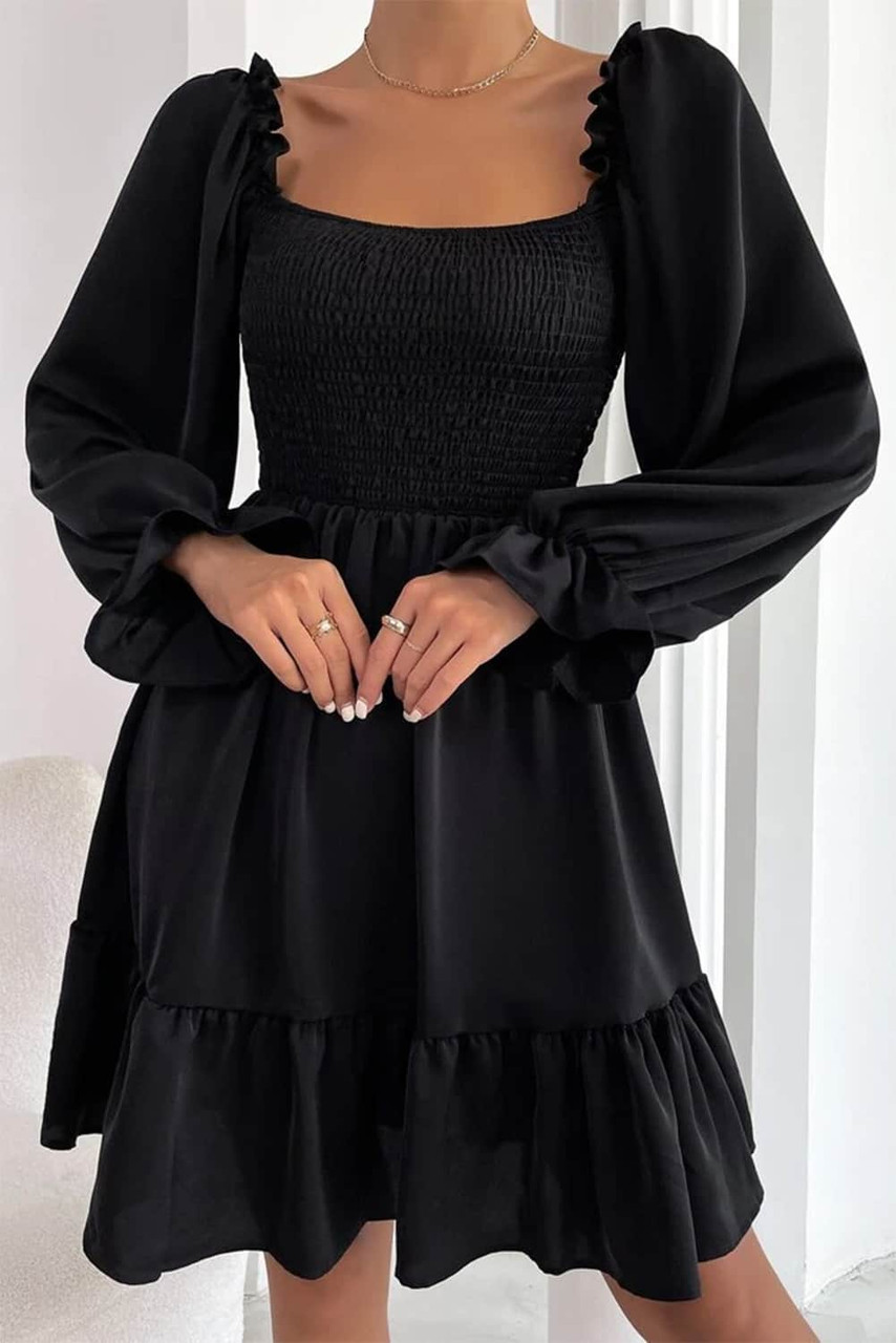 Black Smocked Puff Sleeve Ruffle Mini Dress