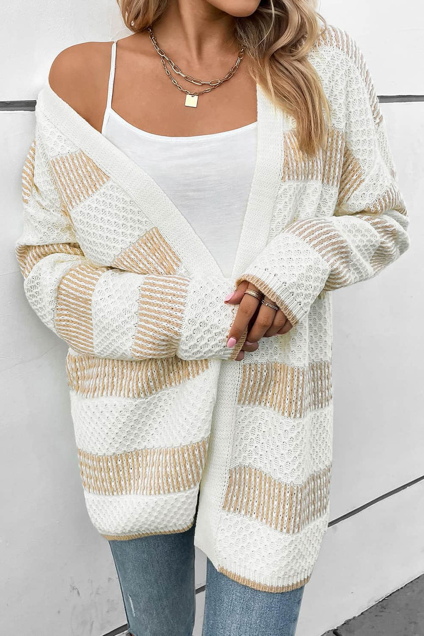 Beige Textured Stripe Pattern Drop Shoulder Duster Cardigan