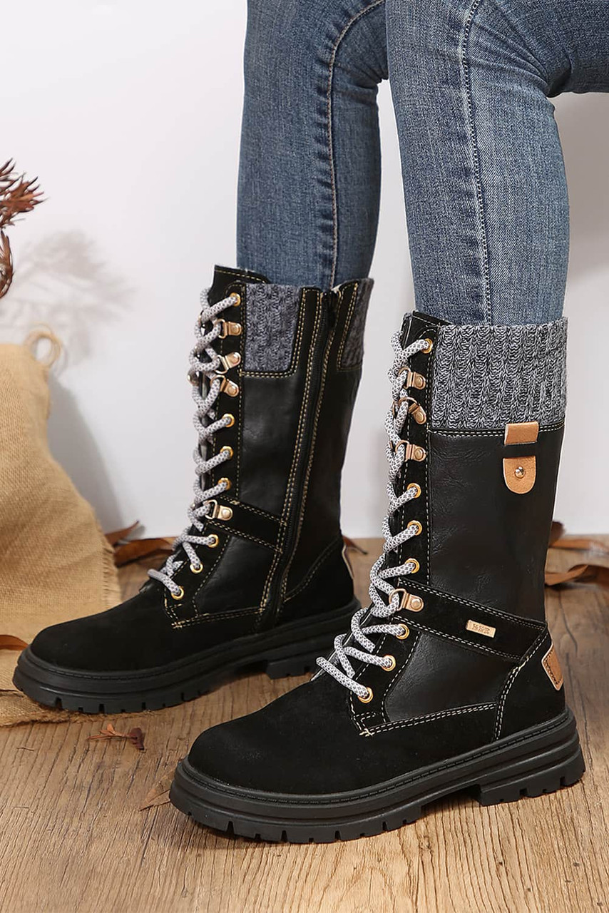 Black Knit Patchwork Lace Up Leather Boots