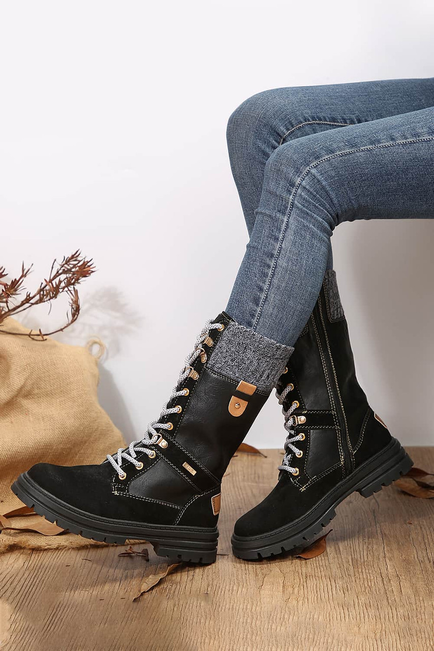 Black Knit Patchwork Lace Up Leather Boots