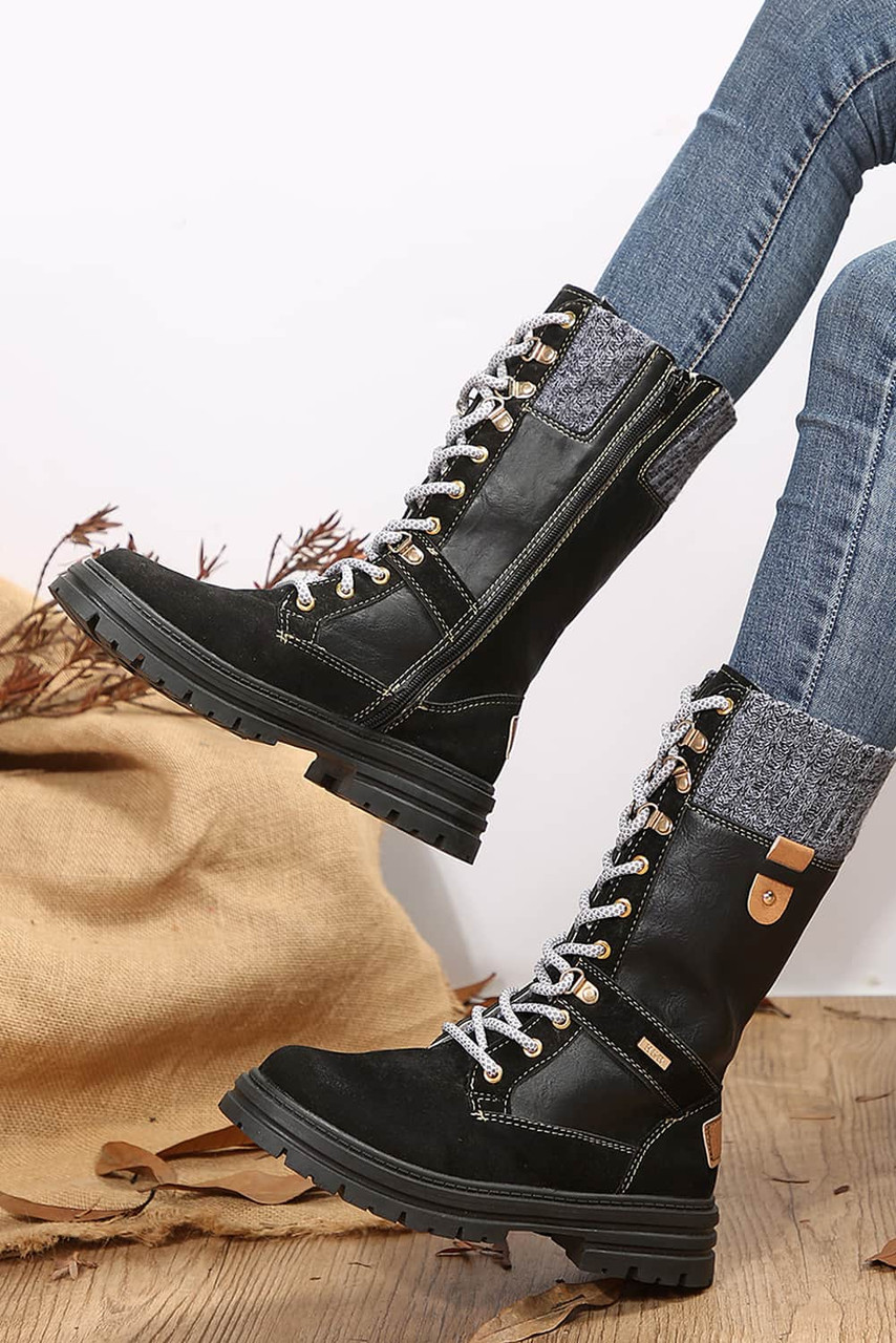 Black Knit Patchwork Lace Up Leather Boots