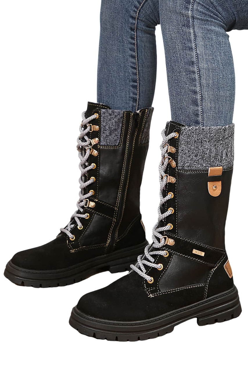 Black Knit Patchwork Lace Up Leather Boots