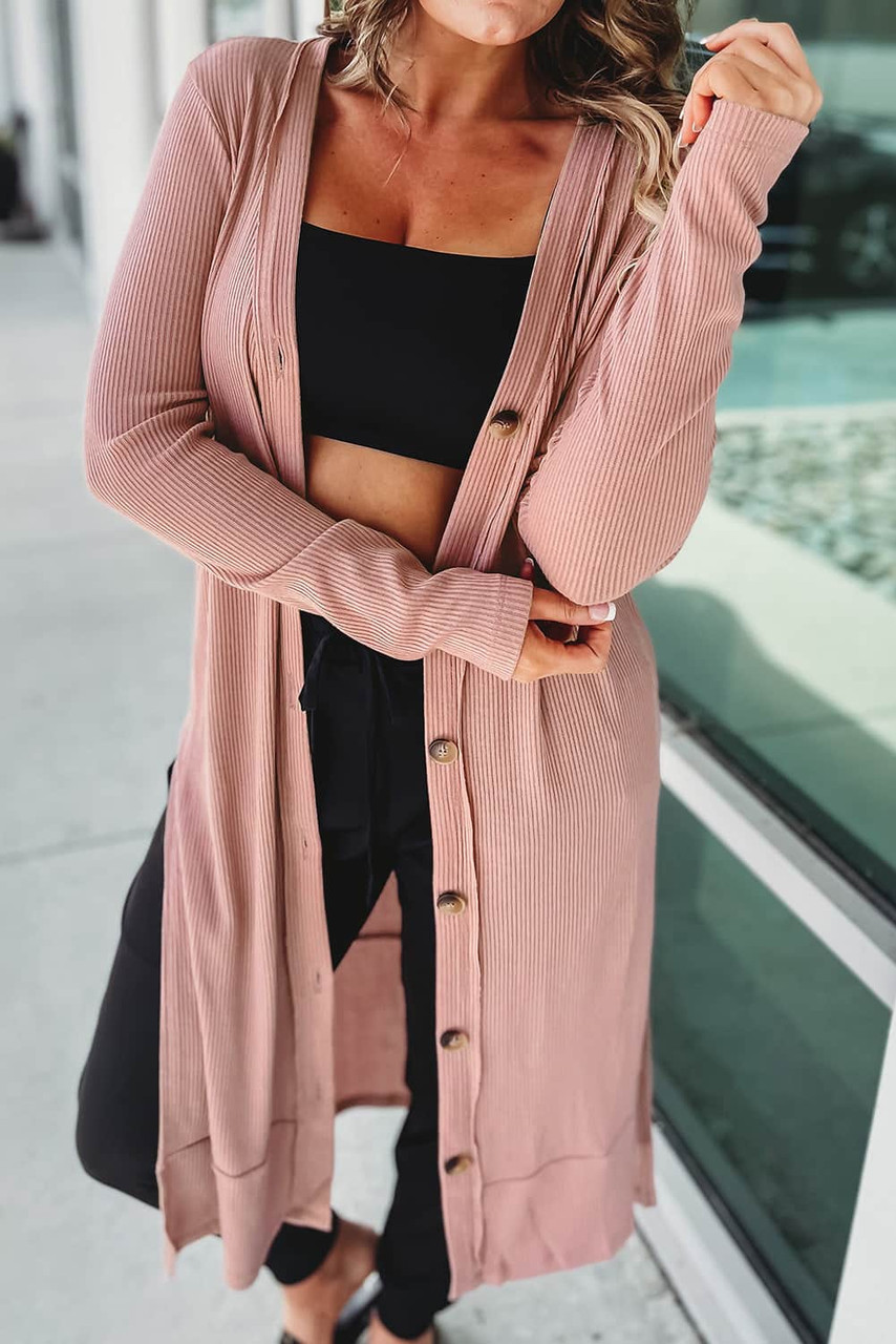 Pink Ribbed Button-Up Split Duster Cardigan