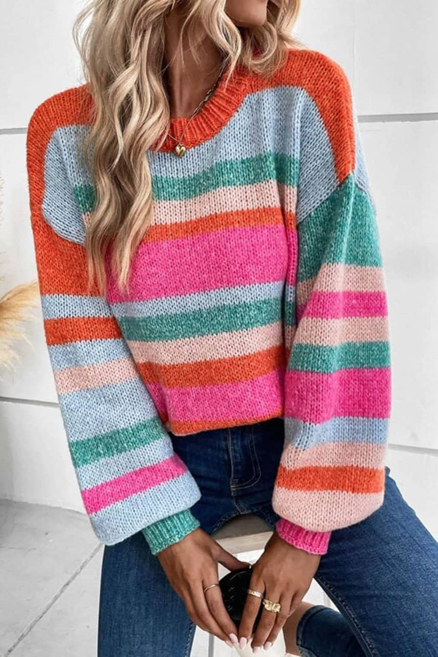Multicolor Striped Knit Drop Shoulder Puff Sleeve Sweater Multicolor Striped Knit Drop Shoulder Puff Sleeve Sweater