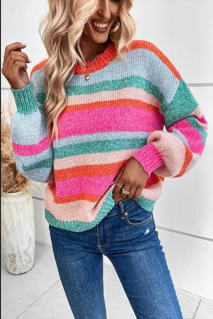 Multicolor Striped Knit Drop Shoulder Puff Sleeve Sweater Multicolor Striped Knit Drop Shoulder Puff Sleeve Sweater
