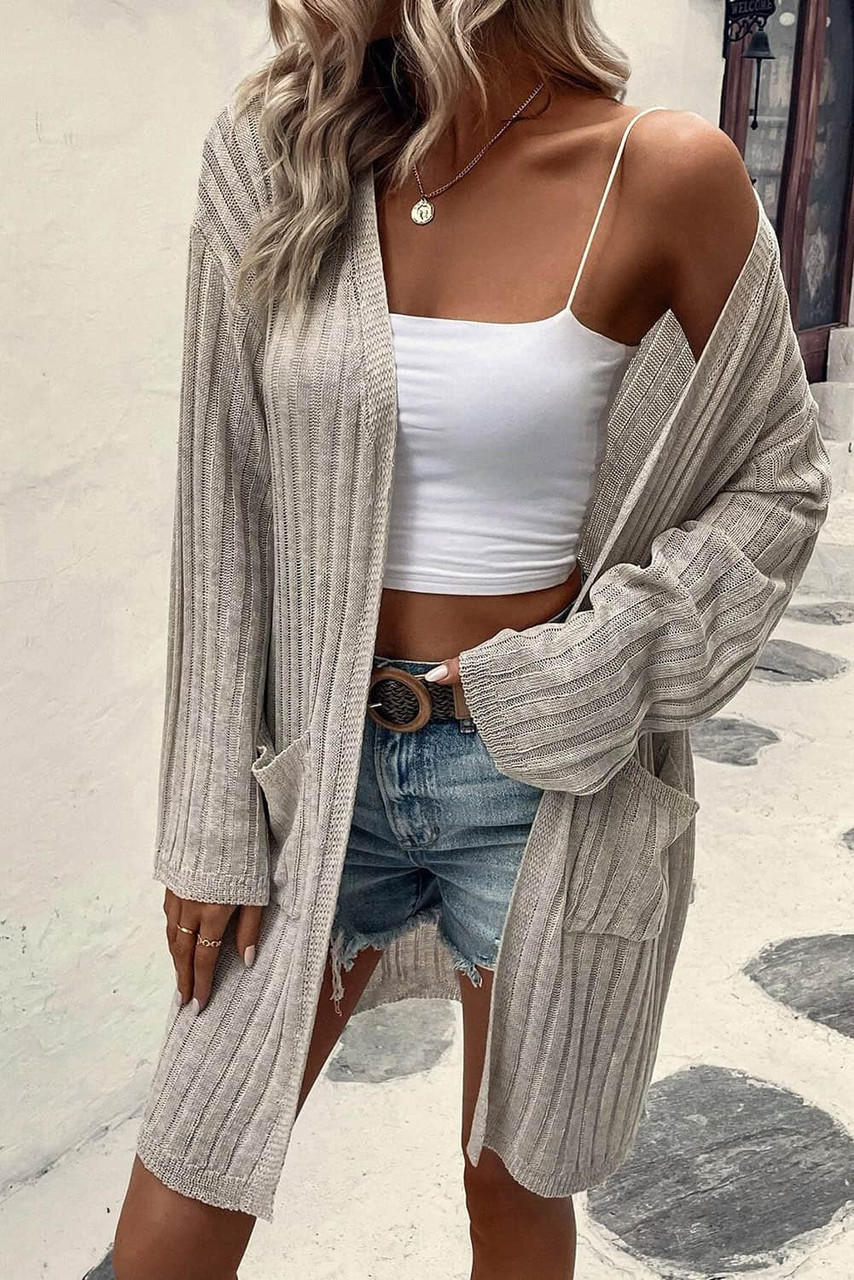 Gray Loose Ribbed Knit Pocketed Open Cardigan