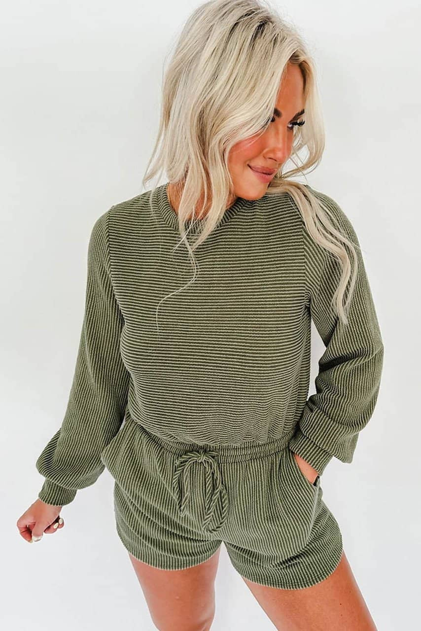 Pickle Green Corded Pullover Long Sleeve Drawstring Romper Pickle Green Corded Pullover Long Sleeve Drawstring Romper