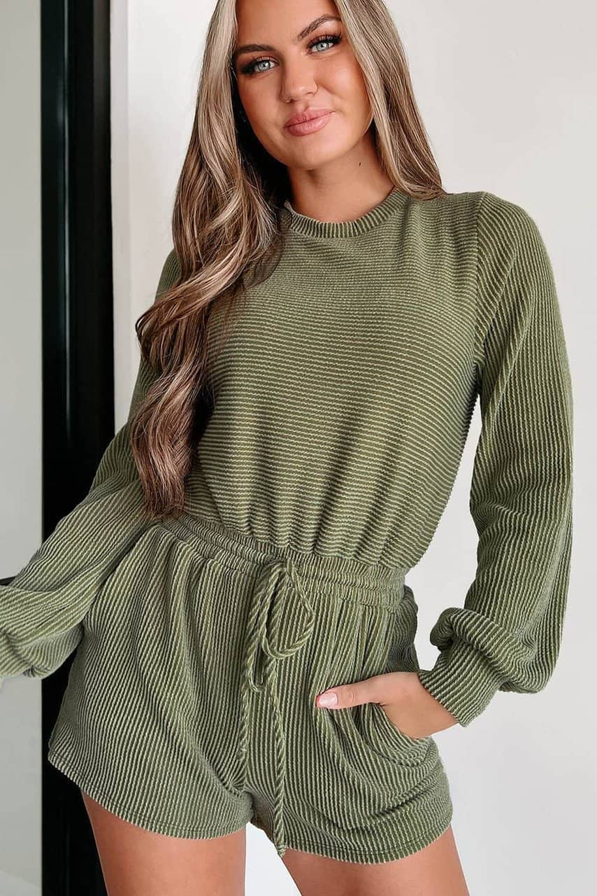 Pickle Green Corded Pullover Long Sleeve Drawstring Romper Pickle Green Corded Pullover Long Sleeve Drawstring Romper