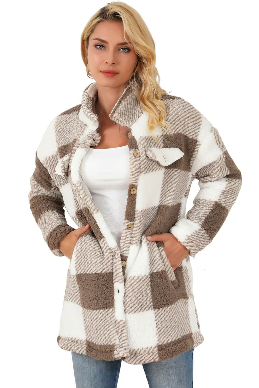 Khaki Fuzzy Plaid Flap Button Up Midi Coat