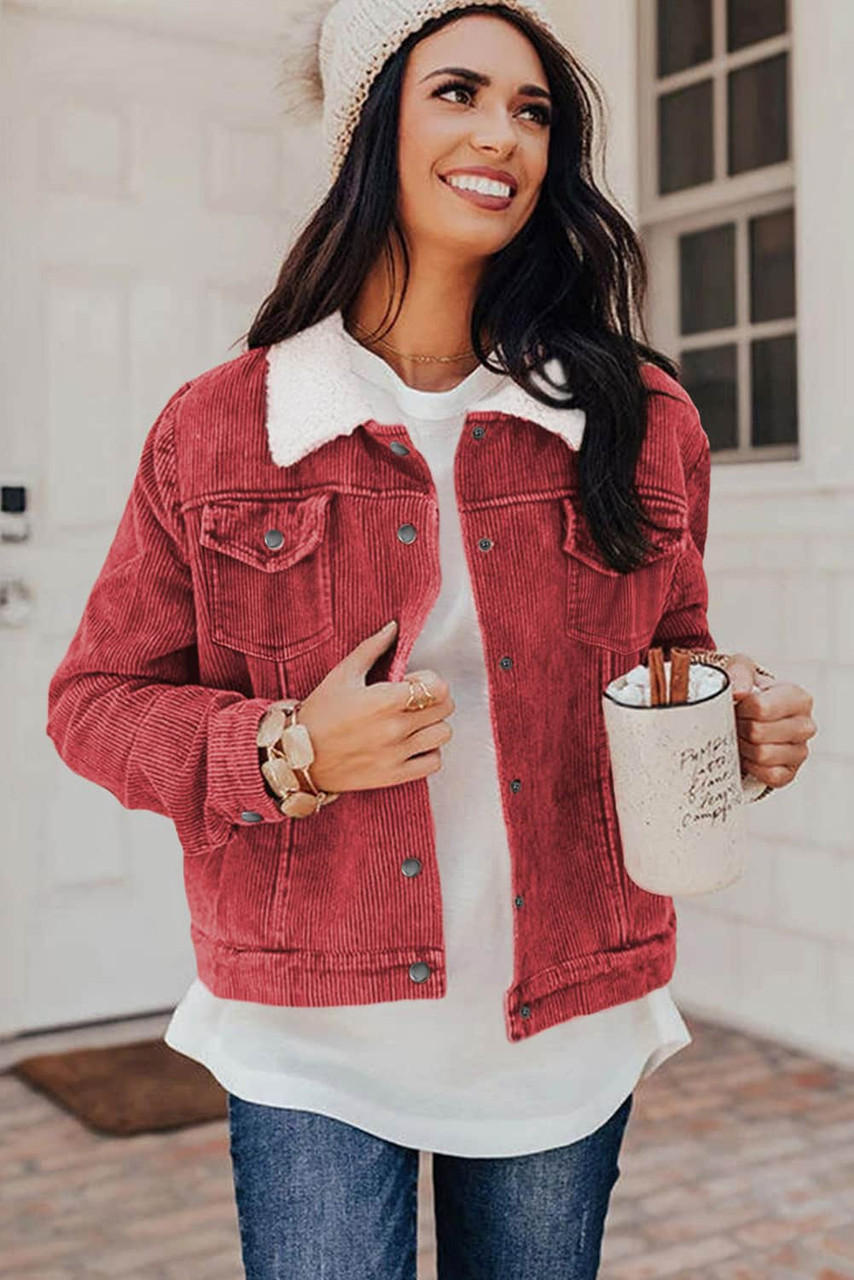 Red Corduroy Sherpa Snap Button Flap Jacket