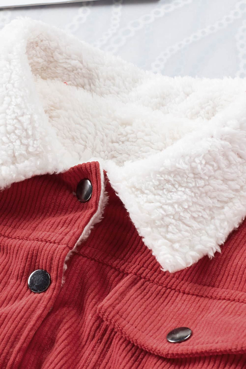 Red Corduroy Sherpa Snap Button Flap Jacket