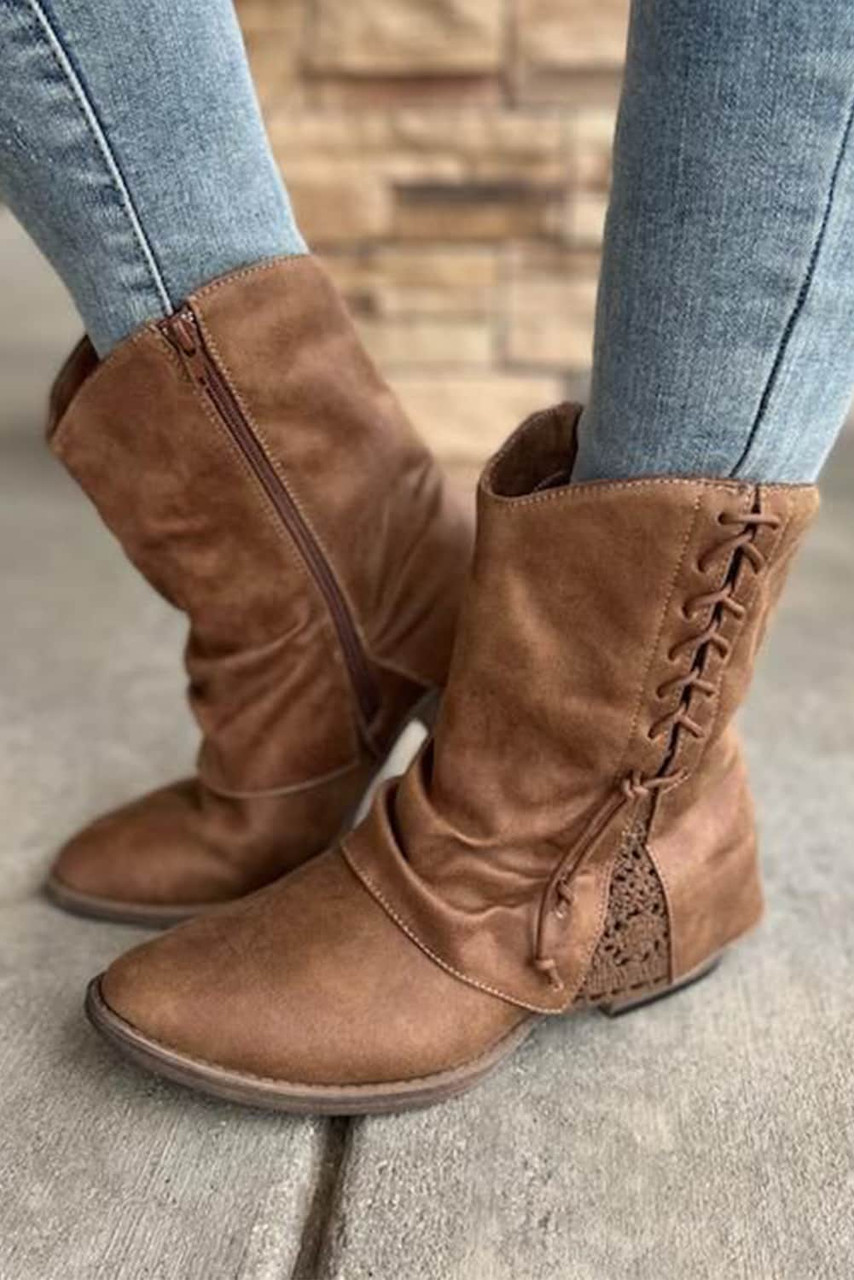 Brown Lace Detail Faux Leather Ankle Boots