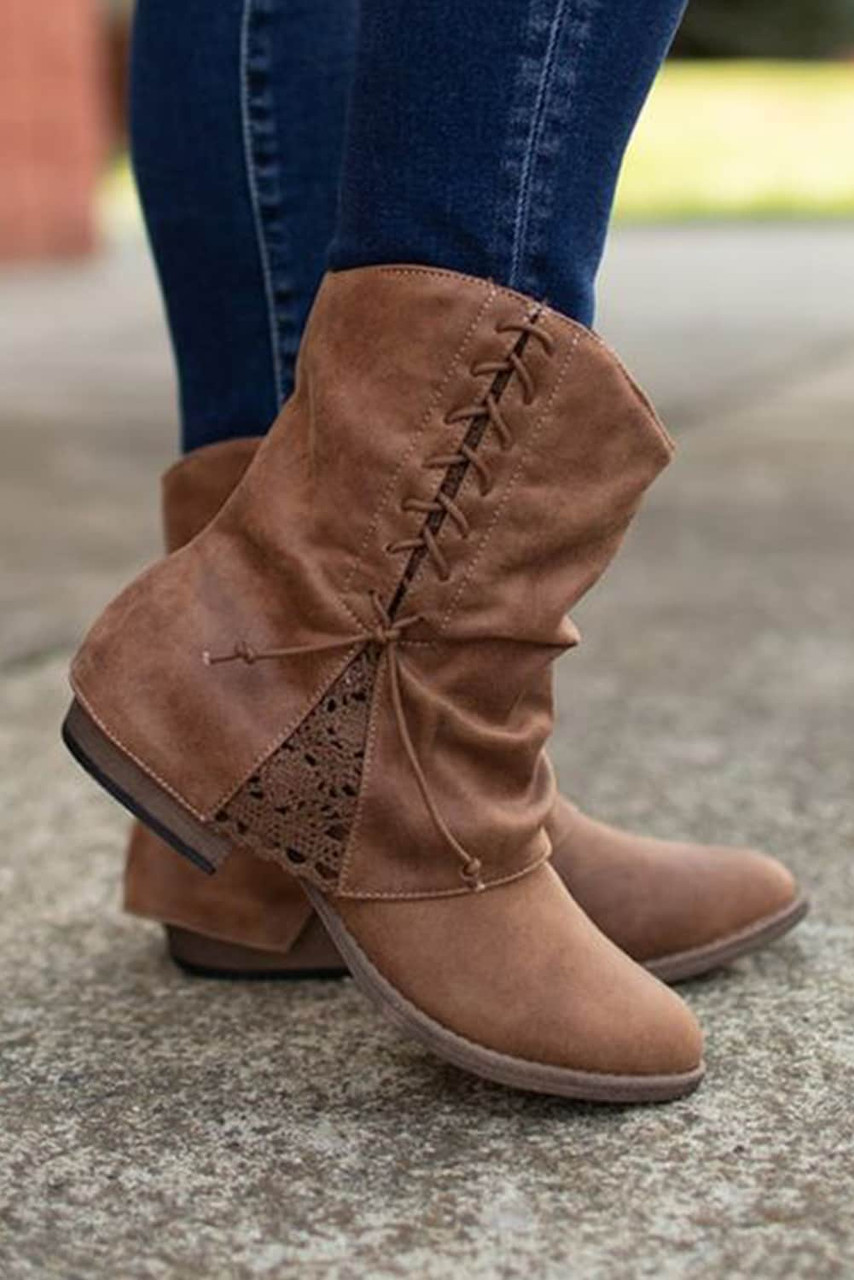 Brown Lace Detail Faux Leather Ankle Boots