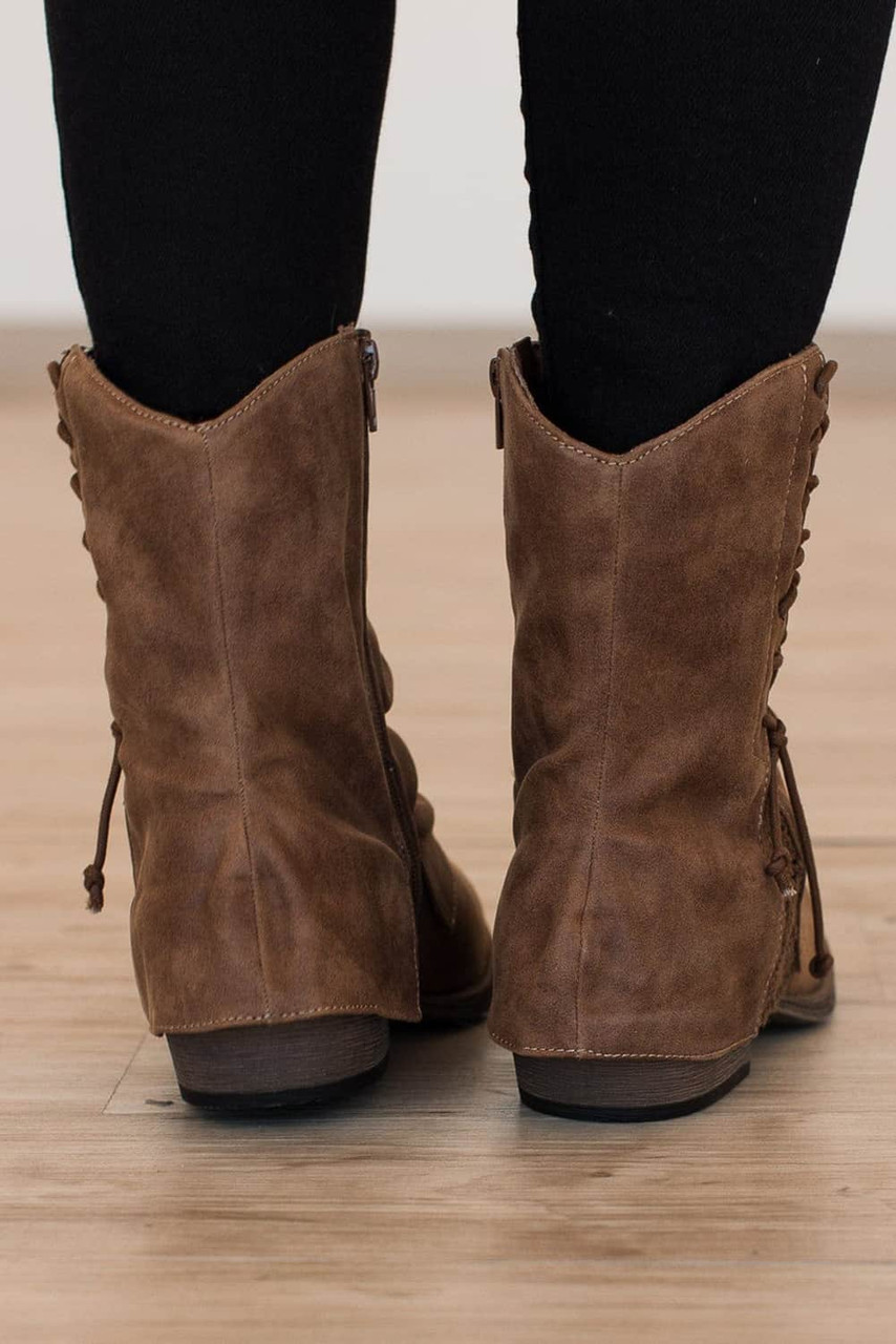 Brown Lace Detail Faux Leather Ankle Boots