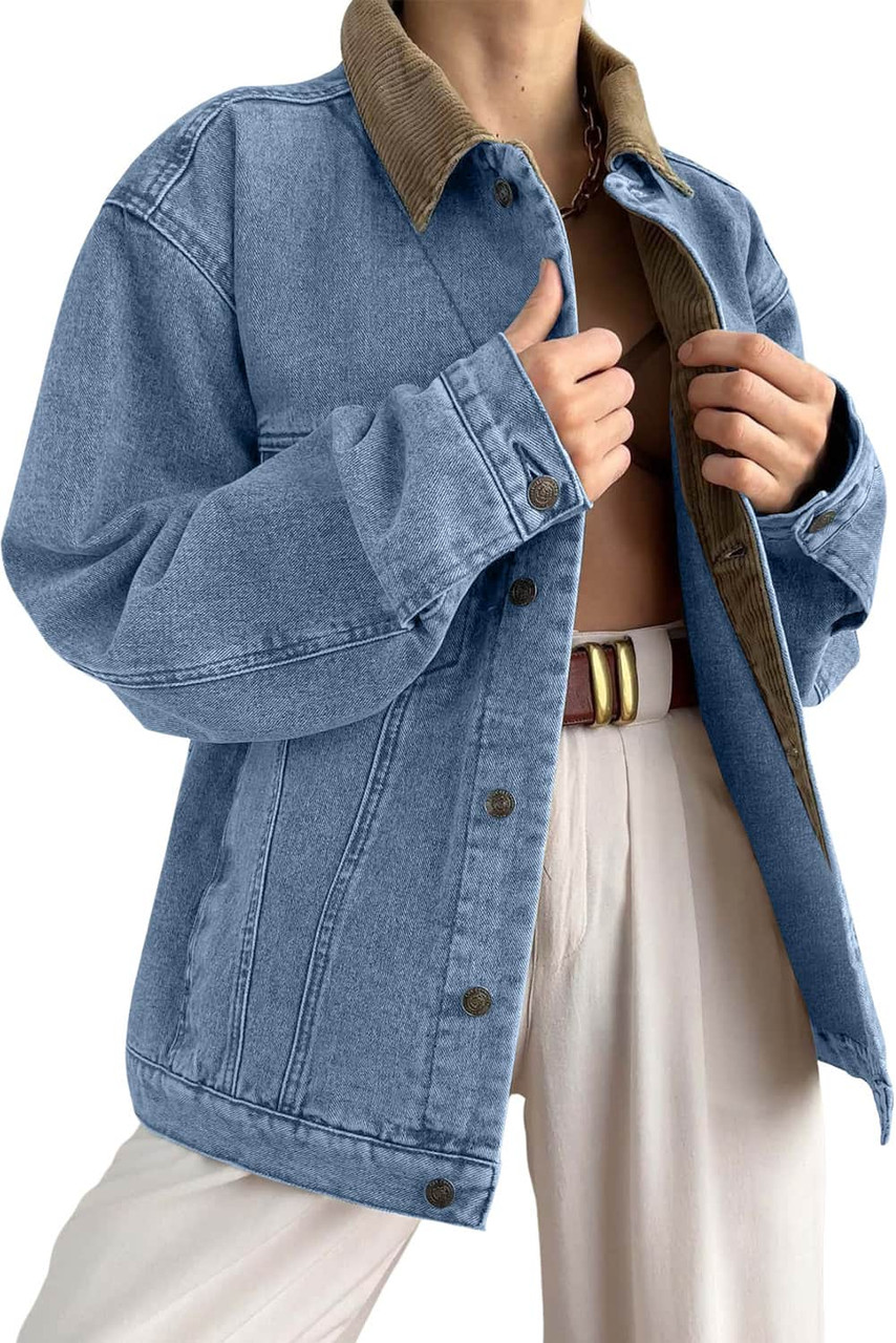 Sky Blue Vintage Corduroy Collar Denim Jacket