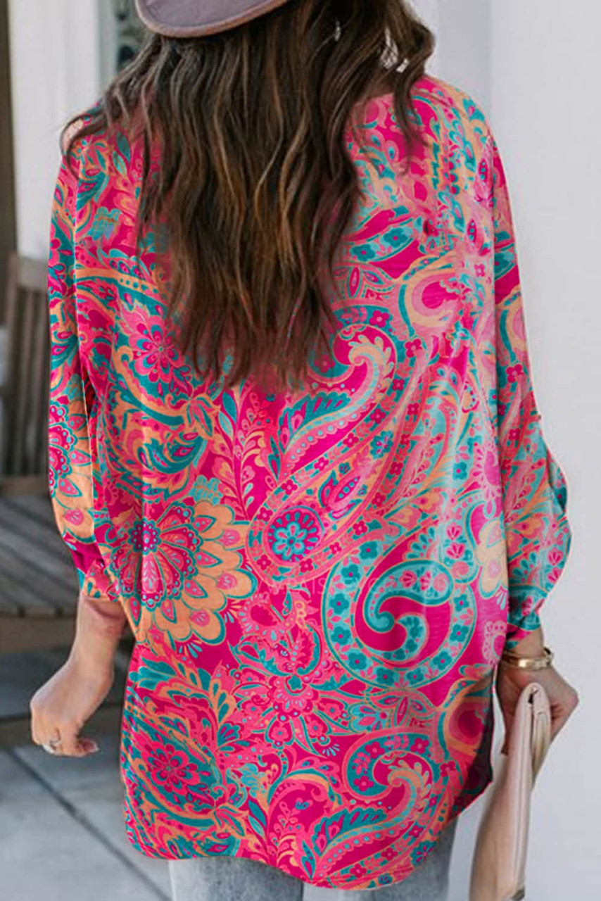 Rose Red Paisley Print Tab Sleeve V-Neck Blouse