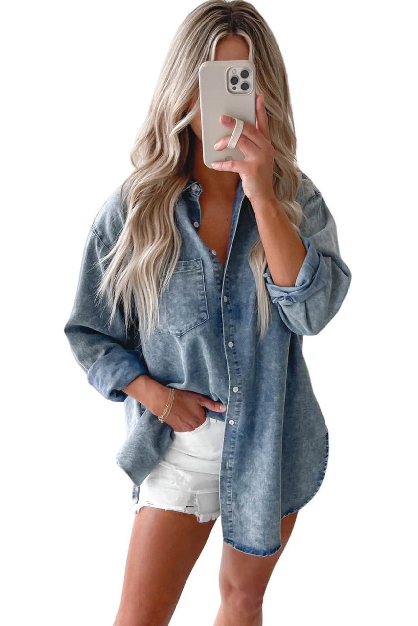 Sky Blue Vintage Washed Chest Pocket Denim Shirt