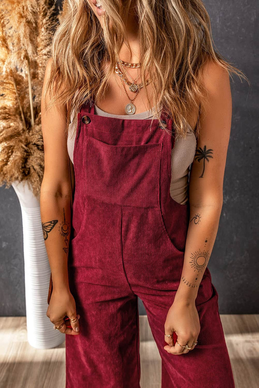 Red Solid Color Corduroy Wide Leg Bib Overalls