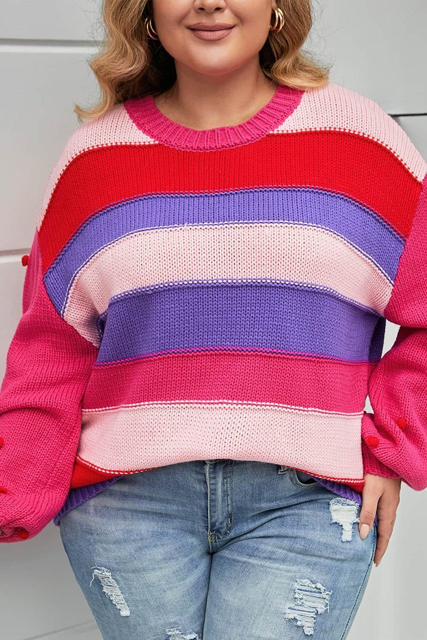 Pink Plus Size Striped Knit Pompom Puff Sleeve Sweater Pink Plus Size Striped Knit Pompom Puff Sleeve Sweater