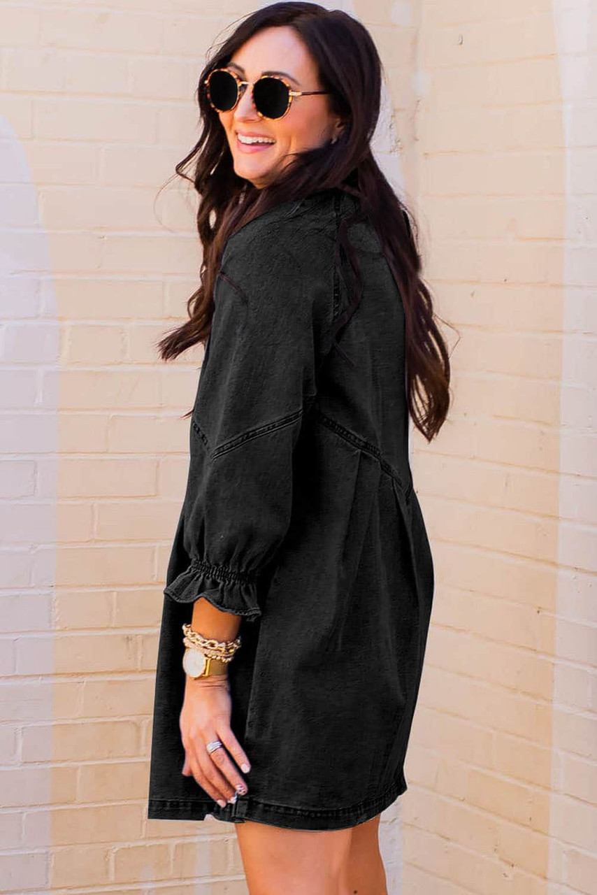 Black Buttoned Long Sleeve Denim Mini Dress