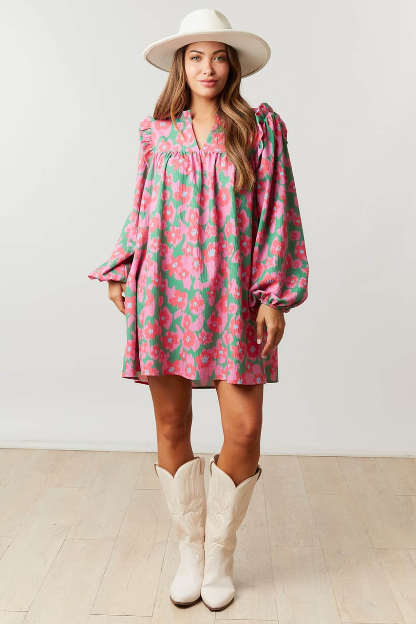 Pink Split V Neck Bubble Sleeve Loose Floral Dress