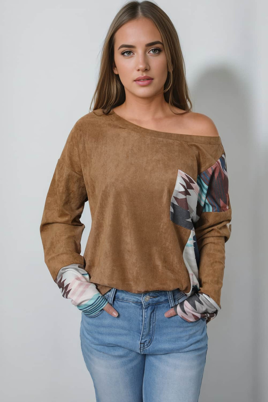 Brown Aztec Print Patchwork Chest Pocket Long Sleeve Top