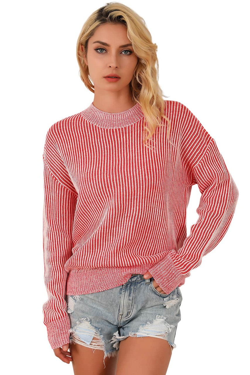 Striped Print Ribbed Trim Round Neck Sweater