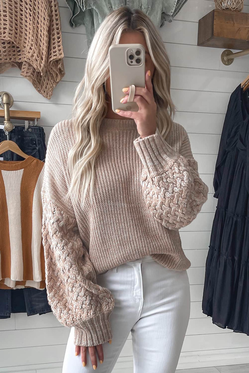 Parchment Cable Knit Sleeve Drop Shoulder Sweater