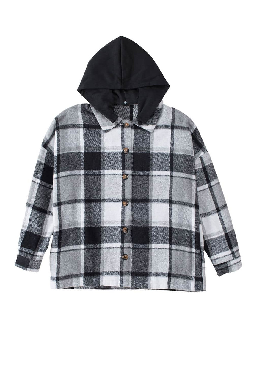 Gray Hooded Plaid Button Front Shacket
