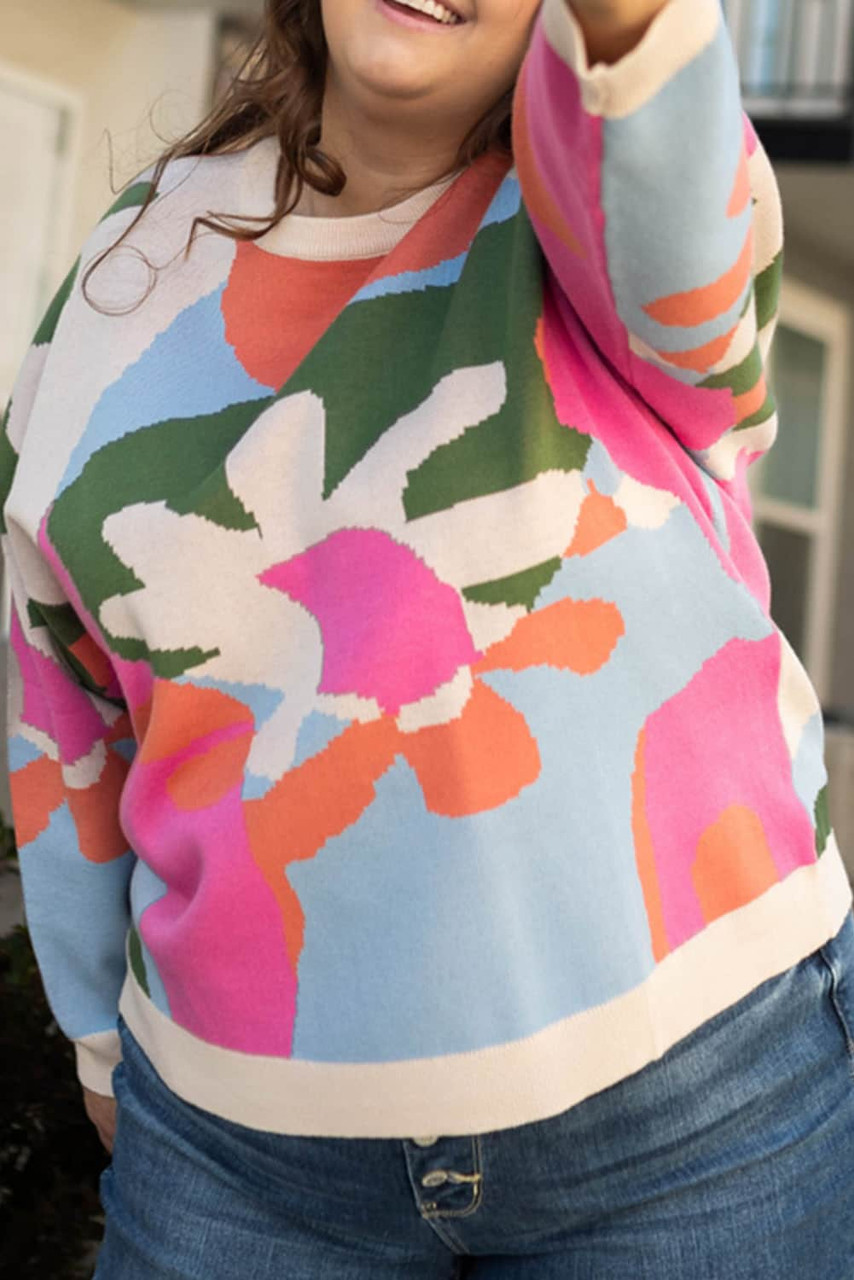 Multicolour Plus Size Floral Drop Shoulder Sweater