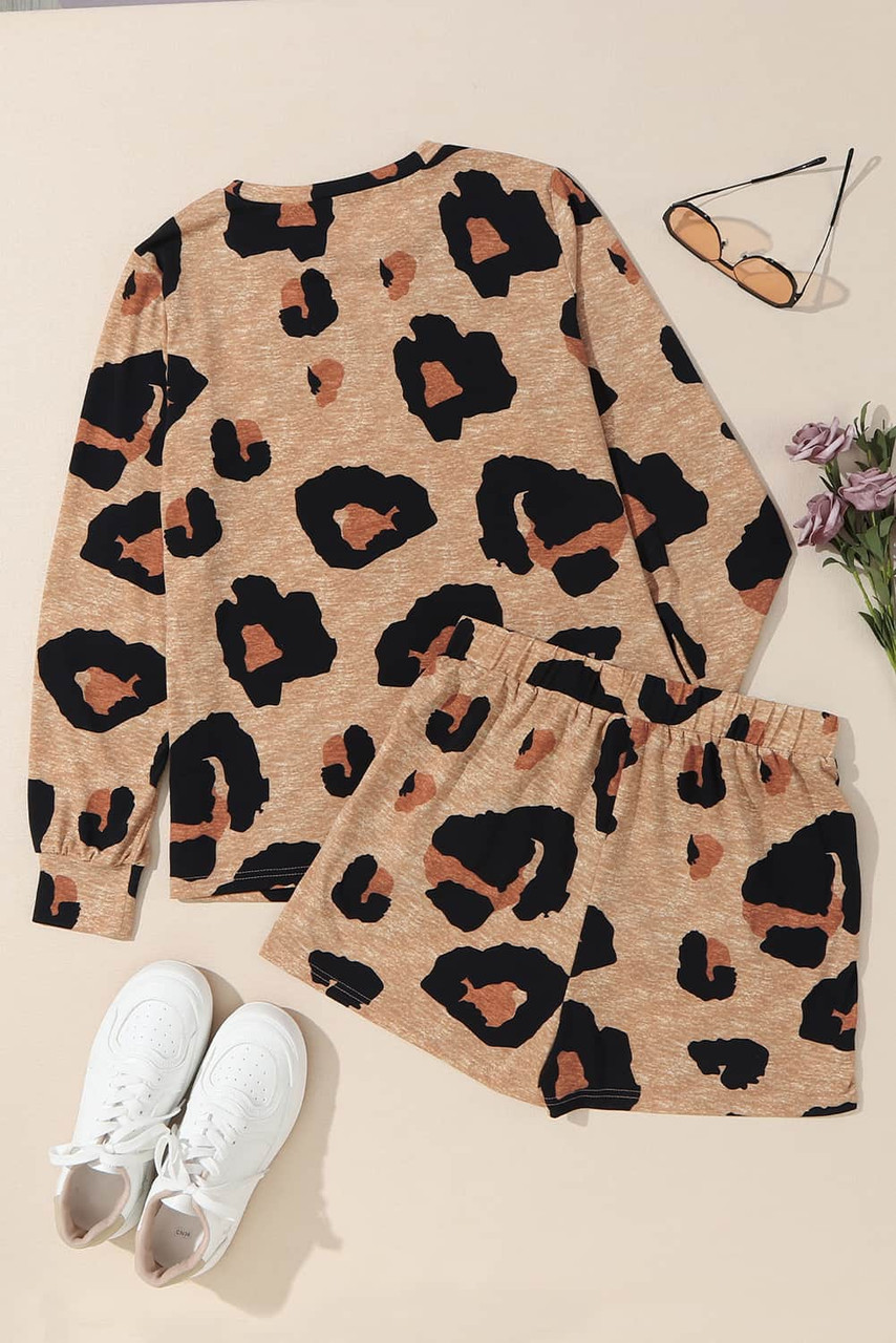 Leopard Animal Print Long Sleeve Pullover and Shorts Casual Outfit