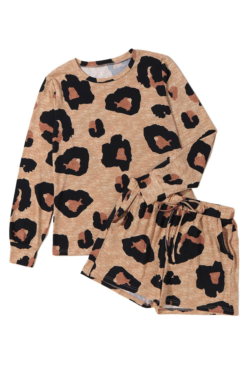 Leopard Animal Print Long Sleeve Pullover and Shorts Casual Outfit