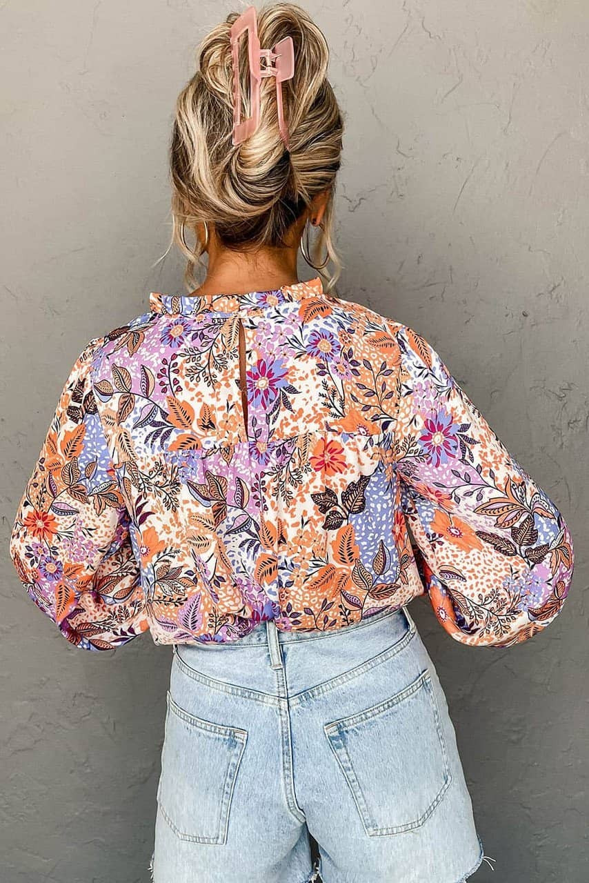 Multicolour Floral Bishop Sleeve Frilled Round Neck Blouse Multicolour Floral Bishop Sleeve Frilled Round Neck Blouse