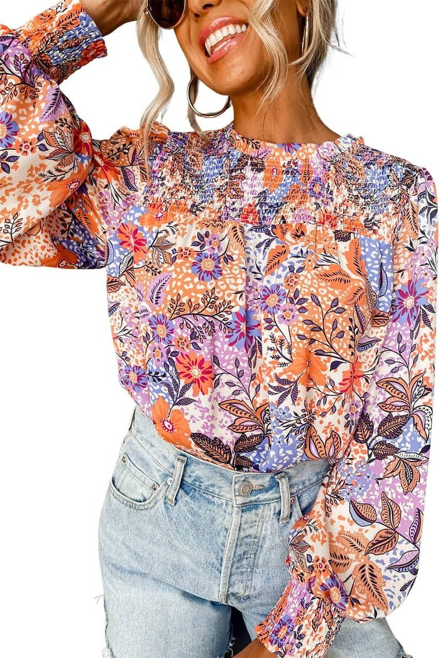 Multicolour Floral Bishop Sleeve Frilled Round Neck Blouse Multicolour Floral Bishop Sleeve Frilled Round Neck Blouse