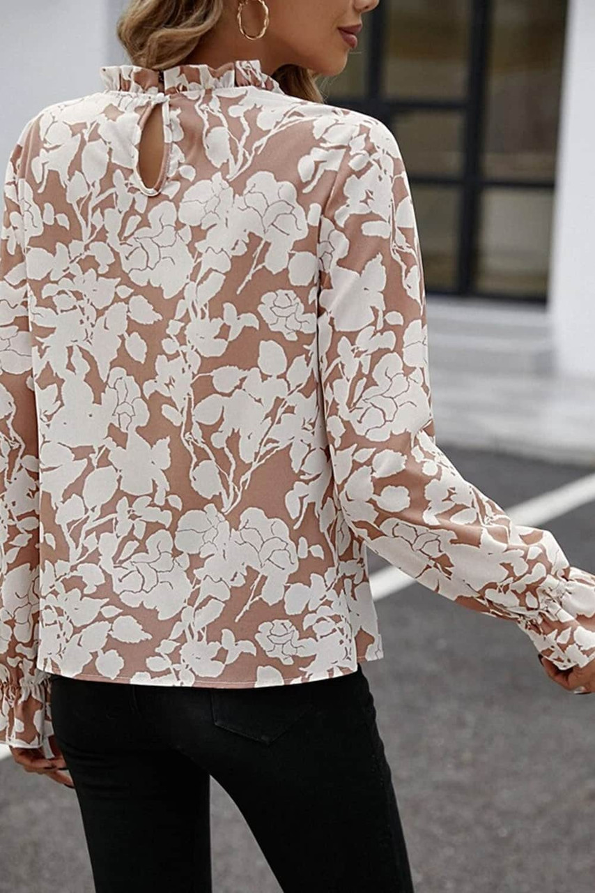 Flaxen Floral Print Frilled Neckline Flounce Sleeve Blouse