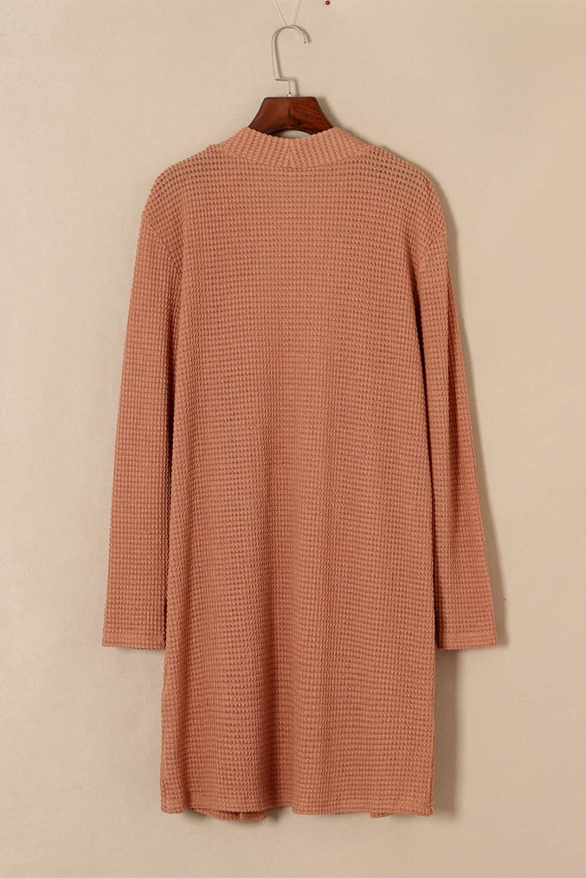 Brown Waffled Knit Thumb Sleeve Pocketed Cardigan