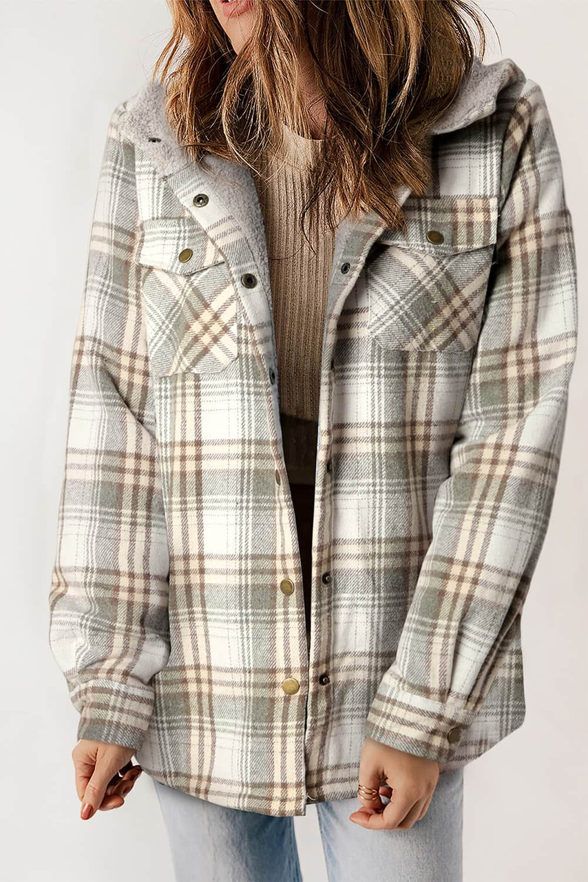 Gray Plaid Pattern Sherpa Lined Hooded Shacket Gray Plaid Pattern Sherpa Lined Hooded Shacket